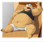 anthro belly blue_hair bracelet clothing hair jewelry male navel overweight overweight_anthro overweight_male shirt sleeping solo tank_top topwear tusks pokelai lifewonders tokyo_afterschool_summoners ganglie_(tas) mammal suid suina sus_(pig) wild_boar