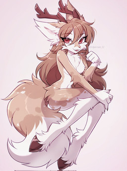 anthro antlers breasts brown_body brown_fur brown_hair claws cloven_hooves eyebrow_through_hair eyebrows eyelashes featureless_breasts female fluffy fluffy_tail fur hair hooves horn looking_at_viewer multicolored_body navel red_eyes simple_background small_breasts solo tail tongue tongue_out translucent translucent_hair two_tone_body white_body white_fur 3rdperson_iz canid canine deer fox hybrid mammal 2026 hi_res signature