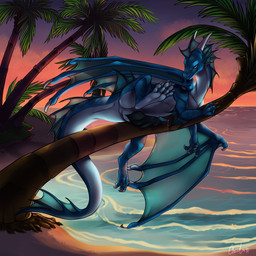 animal_genitalia anus beach belly big_penis blue_body blue_scales bodily_fluids claws climbing detailed_background digitigrade erection feet feral fin frill_(anatomy) genital_fluids genital_slit genitals head_crest head_frill hindpaw horn in_tree knot looking_at_viewer lying male membrane_(anatomy) membranous_frill membranous_wings on_front outside palm_tree paws penile_spines penis plant precum presenting presenting_penis sand scales scratching sea seaside seductive sky smile smirk solo spines spread_legs spreading sunset tail tail_fin toes tree water webbed_feet webbed_hands white_belly wings keishinkae european_mythology mythology kirydos aquatic aquatic_dragon dragon mythological_creature mythological_scalie scalie western_dragon 1:1 2014 hi_res