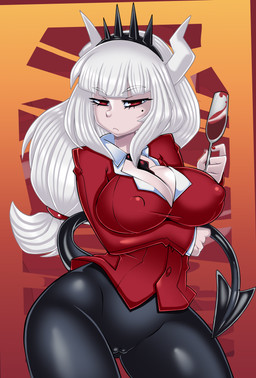 alcohol beverage big_breasts breasts camel_toe cleavage clothed clothing container cup drinking_glass female glass glass_container glass_cup hair nipple_outline not_furry red_eyes solo spade_tail tail white_hair wine wine_glass bayeuxman tisinrei helltaker lucifer_(helltaker) demon demon_humanoid humanoid absurd_res hi_res