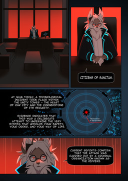 announcement anthro black_clothing black_jacket black_topwear broadcast broadcasting building chair claws clothing dialogue dots ear_tuft ears_up eyewear furniture glasses inside jacket looking_at_viewer male neck_tuft neon neon_lights office office_chair red_dot red_eyes red_glow side_glance sitting solo text topwear tuft window rednroge dorian_solvain canid canine canis fox mammal comic english_text hi_res