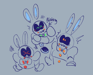 anthro blue_background blue_bow_tie blue_eyes blue_inner_ear blue_sclera blush blush_lines bow_tie conjoined_eyes directional_arrow floating_ears group long_ears machine male mitten_hands mouth_closed no_eyebrows orange_eyes screen screen_face simple_background text critterzone13 mario_bros mario_plus_rabbids_kingdom_battle nintendo raving_rabbids rayman_(series) ubisoft beep-0 lagomorph mammal rabbid robot robot_anthro 2023 crossover digital_drawing_(artwork) digital_media_(artwork) english_description english_text sketch