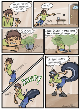 bottomwear clothing dialogue door forced forced_transformation growth male shirt shorts skunk_spray skunk_tail smelly solo speech_bubble tail tail_growth text topwear torn_bottomwear torn_clothing transformation trevor-fox human mammal mephitid skunk comic english_text hi_res
