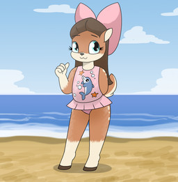 anthro beach bow_tie clothed clothing female hair light long_hair looking_at_viewer looking_up one-piece_swimsuit sand sea seaside sky smile solo standing sun sunlight swimwear toony water young young_anthro young_female pencil_bolt pattie_(pencil_bolt) deer mammal hi_res