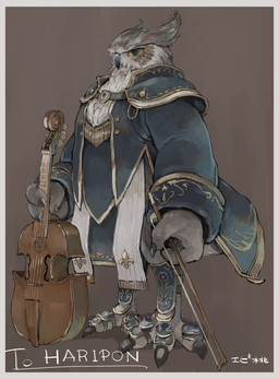 ankle_guards anthro beak blue_eyes bowed_string_instrument brown_body brown_feathers cello claws clothed clothing feathers grey_body grey_feathers male musical_instrument solo string_instrument yellow_sclera ebi_momo avian bird owl absurd_res hi_res