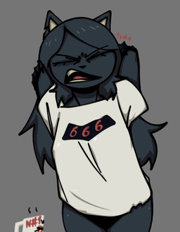 666 anthro black_clothing black_panties black_underwear blue_body blue_fur blue_hair clothed clothed_anthro clothed_female clothing eyes_closed female female_anthro fur grey_background hair hands_behind_head open_mouth panties shirt simple_background solo tired topwear underwear white_clothing white_shirt white_topwear yawn xarop77 catwitch_(xarop77) domestic_cat felid feline felis mammal digital_drawing_(artwork) digital_media_(artwork) english_description