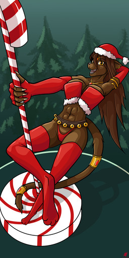 anthro bell belt big_breasts breasts candy candy_cane christmas_clothing christmas_headwear clothed clothing costume dancing dessert female food hat headgear headwear holidays jewelry looking_at_viewer panties pole pole_dancing santa_hat skimpy solo underwear harkrun christmas diantha_(rhazzazor) domestic_cat felid feline felis mammal 1:2 absurd_res hi_res