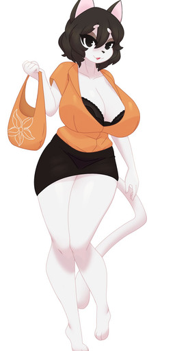 3_toes 5_fingers anthro bag bangs barefoot big_breasts black_bottomwear black_bra black_clothing black_eyes black_hair black_nose black_skirt black_underwear bottomwear bra breasts brown_eyeshadow cleavage clothed clothing eyebrow_through_hair eyebrows feet female fingers fur hair holding_object open_mouth orange_clothing orange_shirt orange_topwear shirt simple_background skirt solo tail toes topwear translucent translucent_hair underwear white_background white_body white_fur dullyarts unnamed_character domestic_cat felid feline felis mammal 2023 hi_res