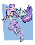 anthro barefoot butt chakram clothing eyelashes fangs feet female fur gesture gloves hair hand_gesture handwear jewelry leotard multicolored_body necklace orange_eyes pointing ponytail purple_body solo tail teeth two_tone_body white_body white_fur xao_art sega sonic_the_hedgehog_(series) blaze_the_cat domestic_cat felid feline felis mammal absurd_res hi_res