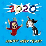 anthro chibi christina_macintyre clothing duo female female/female hat headgear headwear party sparklers text ute_blasendorf well_this_has_aged_well new_year_2020 domestic_cat felid feline felis lagomorph leporid mammal rabbit 1:1 english_text hi_res