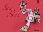 anthro clothing ear_piercing facial_piercing feet femboy foot_focus fur male nose_piercing pawpads piercing ring_piercing simple_background smile solo text maiseyissilly hyena mammal 4:3 digital_media_(artwork)