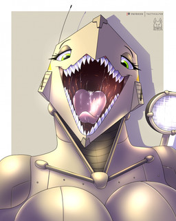 anthro bodily_fluids border breasts female machine mouth_shot open_mouth saliva sharp_teeth simple_background solo tan_background tan_body tan_breasts tank_(vehicle) teeth vehicle vore white_border tacticalfur living_machine living_tank living_vehicle 2026 hi_res watermark