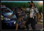 5_fingers anthro anthro_on_anthro anus arrested backsack balls belt biker biped black_balls black_body black_border black_bottomwear black_claws black_clothing black_ears black_nose black_pants black_topwear black_vest border bottomless bottomwear brown_body brown_fur brown_tail bulge butt car claws clothed clothing cuff_(restraint) day digitigrade docked_tail duo eye_contact finger_claws fingers forced fur genitals grey_clothing grey_shirt grey_topwear gun gun_to_head gunpoint handcuffs headlights holding_gun holding_object holding_ranged_weapon holding_weapon holster imminent_rape leaning leaning_forward lens_flare looking_at_another looking_back male male/male metal_cuffs motor_vehicle motorcycle multicolored_body multicolored_fur multicolored_tail navel nude officer on_hood open_clothing open_mouth open_shirt open_smile open_topwear outside pants pink_tongue police police_brutality police_car police_officer police_vehicle raised_tail ranged_weapon reflection restraints road semi_public shackles shirt short_tail smile spread_legs spreading tail tan_body tan_fur text text_on_clothing text_on_topwear text_on_vest tongue tongue_out topwear two_tone_body united_kingdom unprofessional_behavior vehicle vest weapon shadster subaru subaru_impreza canid canine canis domestic_dog german_shepherd herding_dog mammal mastiff molosser pastoral_dog rottweiler 2009 english_text signature