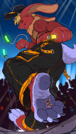 4_toes 5_fingers anthro barefoot black_bottomwear black_clothing black_hat black_headwear black_pants blonde_hair bottomwear claws clothed clothing crowd crush destruction extreme_size_difference eyes_closed feet fingers fishnet_clothing fishnet_topwear foot_fetish foot_focus foot_play fur glowstick group hair hat headgear headwear horn larger_anthro larger_male low-angle_view macro male male_anthro micro pants pawpads paws pink_body plantigrade red_body red_clothing red_fur shirt size_difference smaller_anthro smaller_human smaller_male smile soles solo_focus stepped_on stomping tail toe_claws toes topwear underfoot fandroit cirez human lagomorph leporid mammal rabbit digital_media_(artwork) hi_res
