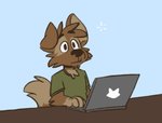 anthro blue_background canid canine canis clothing computer domestic_dog electronics green_clothing green_shirt green_topwear laptop male mammal matt_riskely shirt simple_background solo tinydeerguy topwear