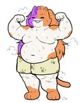 alternate_form anthro blue_body blue_fur bodily_fluids bottomwear clothed clothing eyebrows eyes_closed flexing flexing_bicep fur hair leg_markings male markings moobs navel open_mouth orange_body orange_fur orange_hair overweight overweight_male pattern_bottomwear pattern_clothing pointy_ears prick_ears shorts simple_background socks_(marking) solo steam sweat sweaty_body tail topless white_background white_body white_fur dagothurfanclub epic_games fortnite meowscles purradise_meowscles calico_cat domestic_cat felid feline felis mammal 2024 flat_colors hi_res