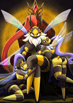 1_toe 4_fingers 4_wings anthro areola big_areola big_breasts big_butt big_hands big_nipples black_body bodily_fluids bottomwear bottomwear_pull breasts butt butt_grab chair cheek_grab clothed clothing clothing_lift clothing_pull dominant dominant_female dripping exposed_breasts eyebrows eyelashes featureless_legs female female/female fingers flying food fur furniture gem group guard hair hand_on_butt head_markings hive hives honey_(food) honeycomb insect_wings jewelry larger_dom leaking long_eyelashes long_hair looking_at_another looking_at_viewer looking_pleasured markings medium_ass mouthless multi_wing nipples non-mammal_breasts non-mammal_nipples on_chair palmorph ponytail presenting presenting_breasts purple_hair queen rainbow_wings red_hair royalty seductive simple_background sitting sitting_on_chair sitting_on_throne size_difference skirt skirt_lift skirt_pull small_breasts small_nipples text thick_thighs throne trio upskirt white_body white_fur wings worker yellow_background yellow_body yellow_eyes tasseya palworld pocketpair arthropod bee beegarde elizabee hymenopteran insect pal_(species) 2026 absurd_res digital_drawing_(artwork) digital_media_(artwork) hi_res signature url watermark young_(lore)