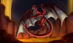 feral fire horn looking_at_viewer male open_mouth red_body simple_background solo tail tongue volcano wings katruna94 mythology insignium dragon mythological_creature mythological_scalie scalie absurd_res digital_drawing_(artwork) digital_media_(artwork) hi_res