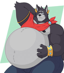 5_fingers anthro belly big_belly black_nipples black_nose blue_bottomwear blue_clothing blue_jeans blue_pants bottomwear bracelet bulge claws clothing countershade_torso countershading denim denim_bottomwear denim_clothing eyebrows facial_piercing fingers fur gold_(metal) gold_bracelet gold_jewelry green_background grey_belly grey_body grey_fur hand_behind_head hand_on_belly jeans jewelry labret_piercing lip_piercing male musclegut muscular muscular_anthro muscular_male navel nipples one_eye_closed overweight overweight_anthro overweight_male pants piercing shirtless_anthro shirtless_male simple_background solo hidi adastra adastra_(series) echo_project amicus_(adastra) canid canine canis mammal wolf