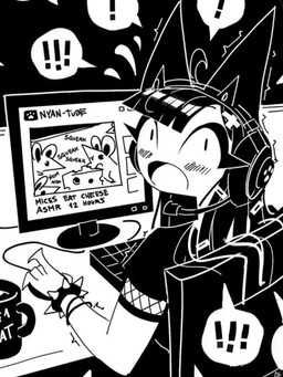 anthro asmr black_body black_fur bracelet cheese computer dairy_products eating electronics embarrassed exclamation_point female feral food fur gaming_headset jewelry male predator/prey spiked_bracelet spikes squeaking surprised andaerz youtube animal_humanoid cat_humanoid felid felid_humanoid feline feline_humanoid humanoid mammal mammal_humanoid rodent
