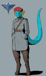 anthro belt beret blue_body blue_eyes blue_scales boots bottomwear clothed clothing footwear frill_(anatomy) fully_clothed hands_in_both_pockets hat headgear headwear male overcoat pants pockets scales shoes solo tail uniform warden_uniform the_man foxhole:_persistant_online_warfare space_station_13 srusu_rskuzu_(character) lizard reptile scalie unathi 3:5 absurd_res hi_res