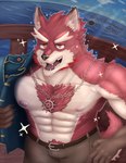 anthro fur male muscular muscular_anthro muscular_male pirate red_body red_fur sea solo water duckaphion knights_college diederich_olsen canid canine mammal absurd_res hi_res