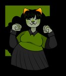 2_horns :3 big_breasts black_bottomwear black_clothing black_hair black_shirt black_skirt black_topwear blush bottomwear breasts clothed clothing curled_hair cute_fangs eyelashes eyes_closed female front_view fully_clothed green_clothing green_shirt green_topwear grey_body grey_skin hair happy horn nose_blush overweight overweight_female overweight_humanoid shirt skirt smile solo topwear ni666htcrawler homestuck ms_paint_adventures meulin_leijon alien alien_humanoid horned_humanoid humanoid troll_(homestuck) alpha_channel portrait signature three-quarter_portrait