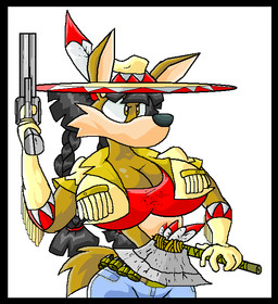 anthro axe belt big_breasts black_border black_hair border bottomwear breasts brown_body brown_eyes brown_fur bullet clothing crop_top female fur gloves gun hair handgun handwear jacket multicolored_body multicolored_fur pistol ranged_weapon shirt shorts solo topwear two_tone_body two_tone_fur weapon virus-20 june_coyote canid canine canis coyote mammal 2008 digital_media_(artwork)