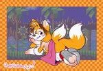 2_tails anthro blush ftm_transformation gender_transformation looking_at_viewer looking_back male multi_tail solo species_transformation tail transformation pinksundae sega sonic_the_hedgehog_(series) foxxy_(foxxy-tf) miles_prower canid canine fox mammal