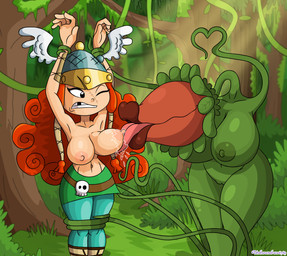 breast_lick breast_play breasts clothed clothing duo eyeless facial_scar female forest forest_background genitals green_body hair heart_symbol licking lips missing_tooth nature nature_background navel nipples plant red_hair saliva_on_breasts scar thick_lips thick_thighs tongue tongue_out topless tree vines vulva unknowndraw6798 impy's_island rayman_(series) ubisoft barbara_(rayman) elemental_creature elemental_humanoid flora_fauna human humanoid mammal plant_humanoid 2025 hi_res