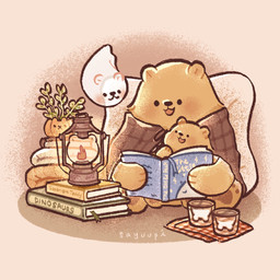black_eyes black_nose book book_title brown_body chibi dot_eyes feral group pillow reading simple_eyes sitting text title trio white_body sayuupi bear ghost mammal spirit 1:1 2021 english_text hi_res