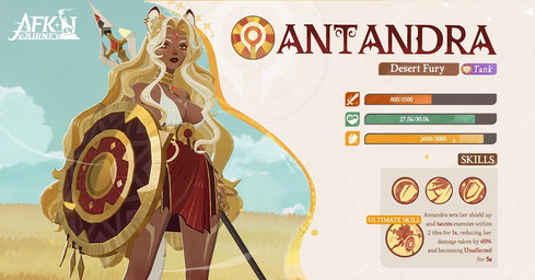 bottomwear breasts cleavage clothed clothing eyebrows female hair melee_weapon polearm shield skirt solo spear stats text weapon unknown_artist afk_arena afk_journey lilith_games antandra_(afk_arena) animal_humanoid felid felid_humanoid feline feline_humanoid humanoid mammal mammal_humanoid english_text official_art