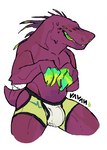 bodily_fluids bulge claws clothed clothing green_eyes green_teeth grin male muscular muscular_male purple_body purple_scales scales sharp_teeth short_tail simple_background smile solo spikes sweat tail tail_motion tailwag teeth underwear underwear_only white_background ravan risk_of_rain acrid alien scalie