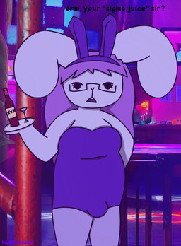 alcohol alcohol_bottle anthro beverage beverage_bottle biped blue_body bottle breasts buckteeth bulge bunny_costume clothing container costume dialogue eyewear fake_ears fake_rabbit_ears front_view glasses gynomorph hair hand_behind_back intersex ironic_fake_ears long_hair looking_at_viewer nightclub overweight photo_background purple_clothing purple_hair slightly_chubby solo teeth text toony waiter wine kairitehbunni kairi_(kairitehbunni) lagomorph leporid mammal rabbit artist_name cel_shading digital_drawing_(artwork) digital_media_(artwork) english_text hi_res mixed_media photography_(artwork) shaded trans_(lore) trans_woman_(lore)