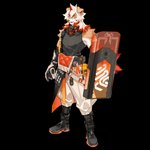 anthro clothing countershading fur hair horn male multicolored_body multicolored_fur multicolored_hair orange_body riot_shield simple_background solo transparent_background white_body white_fur white_hair kuroblood arknights hypergryph studio_montagne hung_(arknights) canid canine canis domestic_dog mammal 1:1 alpha_channel