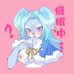 anthro blue_body blue_fur blue_hair blush bovid_horn brainwashing caprine_horn curled_horn ear_piercing ear_ring female fur goat_horn hair heart_eyes heart_pupils heart_symbol horn hypnosis mind_control piercing red_eyes ring_piercing solo tongue gunfire_reborn lyn_(gunfire_reborn) bovid caprine mammal sheep 1:1