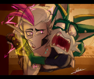 anthro black_bars bodily_fluids city city_background duo electricity energy falling female fur green_body green_fur hair hug male pink_eyes pink_hair screaming sparks tears white_hair yellow_eyes pacheco nikolay_(pacheco) volta_(pacheco) canid canine elf fox humanoid mammal 6:5 hi_res letterbox sketch