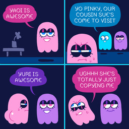 3_fingers 4_panel_comic annoyed blue_body blue_chair blue_eyelids blue_eyes blue_line_art blue_wall bodily_fluids bubble_butt butt closed_frown dialogue female fingers frown furniture furrowed_brow furrowed_eyebrows group half-closed_eyes inside light limbless looking_at_another looking_at_viewer looking_back looking_back_at_another male mouth_closed name_drop name_in_dialogue narrowed_eyes no_pupils noseless not_furry open_mouth open_smile pink_body pink_eyes pink_line_art plant_pot purple_body smile smiling_at_another squint sweat table text trio wall_(structure) tanookitalez pac-man_(series) inky_(pac-man) pinky_(pac-man) sue_(pac-man) ghost spirit 1:1 2022 colored colored_line_art comic digital_media_(artwork) english_description english_text hi_res lighting brother_(lore) brother_and_sister_(lore) cousins_(lore) sibling_(lore) sister_(lore)