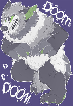 ambiguous_gender anthro bared_teeth claws fangs fur green_eyes green_inner_ear green_pawpads grey_body grey_fur grey_nose narrowed_eyes outline pawpads purple_background simple_background snout solo teeth text white_outline white_text crownedvictory mammal monster 2015 digital_drawing_(artwork) digital_media_(artwork) english_text flat_colors