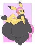 anthro big_butt black_bottomwear black_clothing black_ear_tips black_pants black_sclera black_shirt black_tail_tip black_topwear border bottomwear butt butt_cleavage butt_grab butt_squish clothing cosplay_pikachu_(costume) dipstick_ears dipstick_tail ear_markings female hand_on_butt hand_on_own_butt heart_shaped_tail huge_butt hyper hyper_butt looking_at_viewer looking_back looking_back_at_viewer markings mask multicolored_ears pants pink_background pink_bottomwear pink_clothing pink_mask pink_pants rear_view red_cheeks shirt short_stack simple_background smile smug solo sports_mask sportswear squish tail tail_markings teeth thick_thighs tight_clothing topwear white_border white_eyes wrestling_mask wrestling_outfit yellow_body yellow_ears yellow_tail arizonathevixen nintendo pokemon pikachu_libre susie_(reathe) generation_1_pokemon pikachu pokemon_(species) 2024 absurd_res colored digital_media_(artwork) flat_colors hi_res