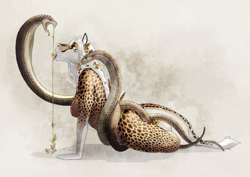 5_fingers ambiguous_gender anthro breasts dipstick_tail fangs female feral fingers forked_tongue fur gloves_(marking) green_eyes grey_background group hair leaf markings multicolored_body multicolored_fur nipples open_mouth pink_nipples pink_tongue plant simple_background spots tail tail_markings tan_body tan_fur teeth tongue tongue_out trio vines white_hair khuraji lydia_(gouks) cheetah equid equine felid feline horse hybrid mammal reptile scalie snake shaded