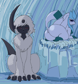 big_butt black_nose blue_eyes blush blush_lines butt dipstick_tail duo ears_down eyelashes female feral front_view fur green_body green_fur green_nose grey_body grey_fur grey_horn horn leg_markings looking_at_viewer looking_back looking_back_at_viewer markings narrowed_eyes neck_tuft pivoted_ears rear_view red_eyes shaking shivering sitting socks_(marking) tail tail_markings thick_thighs tuft white_body white_fur wide_hips commonbleat nintendo pokemon absol canid canine eeveelution generation_3_pokemon generation_4_pokemon glaceon mammal pokemon_(species)