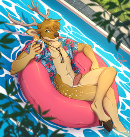 alcohol anthro antlers ball_tuft balls beverage biped bottomless clothed clothing container cup day eyewear front_view genitals glass glass_container glass_cup glasses high-angle_view hooves horn inflatable inner_tube male markings mostly_nude_anthro mostly_nude_male nude_anthro nude_male open_clothing open_shirt open_topwear orange_slice outside penis plant poolside pose relaxing shirt shirt_only smile solo spots spotted_markings swimming_pool three-quarter_view topwear topwear_only tuft unguligrade water zombieze legend_of_ahya fey_darner_(darkflamewolf) deer mammal full-length_portrait hi_res portrait