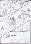 black_and_white border building building_destruction comic destroyed_vehicle destruction explosion gun gunshot headbutt kitfox-crimson machine mecha monochrome onomatopoeia outside_border ranged_weapon sketch smoke sound_effects speech_bubble stolen_generation text weapon window zero_pictured