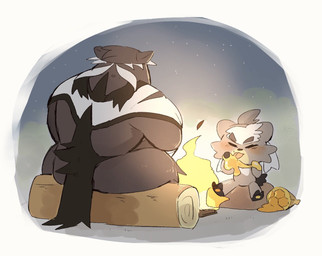 ambiguous_gender anthro black_body black_fur black_nose blush butt duo eating eyes_closed fire food fur honey_(food) kemono log night outside sitting wood hyaku_(artist) nintendo pokemon generation_8_pokemon kubfu legendary_pokemon pokemon_(species) rapid_strike_style_urshifu urshifu 2020