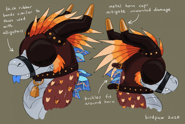 2_horns ambiguous_gender back_spikes black_collar blep blindfold blue_spikes blue_tongue bound_snout brown_background collar directional_arrow falconry_hood fangs feathers feral grey_body grey_scales hood horn markings metal_horn multicolored_body multicolored_feathers orange_body orange_feathers orange_spots scales simple_background snout_tied solo spikes spikes_(anatomy) spots spotted_body spotted_feathers teeth text tongue tongue_out white_text birdpaw_(artist) mythology dragon feathered_dragon feathered_scalie mythological_creature mythological_scalie scalie 2025 artist_name dated english_text headshot_portrait hi_res portrait