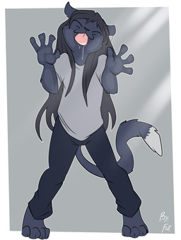 anthro biped black_body black_bottomwear black_clothing black_fur black_hair black_nose black_pants bodily_fluids bottomwear claws clothed clothing digitigrade dipstick_tail eyes_closed front_view fur hair licking licking_screen long_hair male markings pants saliva saliva_on_tongue shirt simple_background solo standing tail tail_markings toe_claws tongue tongue_out topwear white_markings fuf ambiguous_species felid feline mammal 2019 hi_res