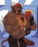 anthro backwards_baseball_cap backwards_hat balls barazoku baseball_cap beard big_muscles big_penis bodily_fluids body_hair bottomwear brown_body brown_fur brown_hair brown_nipples brown_nose chest_hair clothing ear_piercing ear_ring eyebrows facial_hair fingerless_gloves flexing fur genitals gloves gym hair handwear hat headgear headwear horn huge_muscles huge_penis humanoid_genitalia humanoid_penis male multicolored_body multicolored_fur muscular muscular_male nipples penis piercing pubes ring_piercing selfie shorts solo sweat thick_eyebrows thick_penis two_tone_body two_tone_fur vein veiny_muscles veiny_penis imato coach_angelo bovid bovine mammal tamaraw true_buffalo 2019 absurd_res hi_res