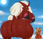 absurd_res anthro ass_clapping avian big_breasts big_butt bikini bird blaziken blonde_hair blue_eyes breasts butt chicken clothed clothing coffee_demon duo female food galliform gallus_(genus) generation_3_pokemon hair hi_res huge_butt looking_at_another mature_female nintendo nipples ogling old phasianid pokemon pokemon_(species) popsicle red_body skimpy speech_bubble swimwear text twerking