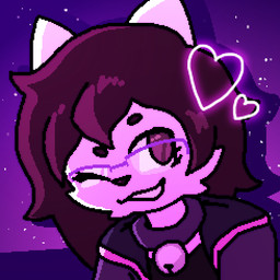 abstract_background ambiguous_gender anthro bell bell_collar black_clothing black_shirt black_topwear brown_hair clothing collar cosmic_background eyewear fur glasses grin hair heart_symbol hoodie long_hair one_eye_closed pink_body pink_fur purple_clothing purple_eyewear purple_glasses purple_hoodie purple_topwear rectangular_glasses shirt smile solo star starry_background topwear wink couldbestella starry_(couldbestella) domestic_cat felid feline felis mammal 1:1 low_res